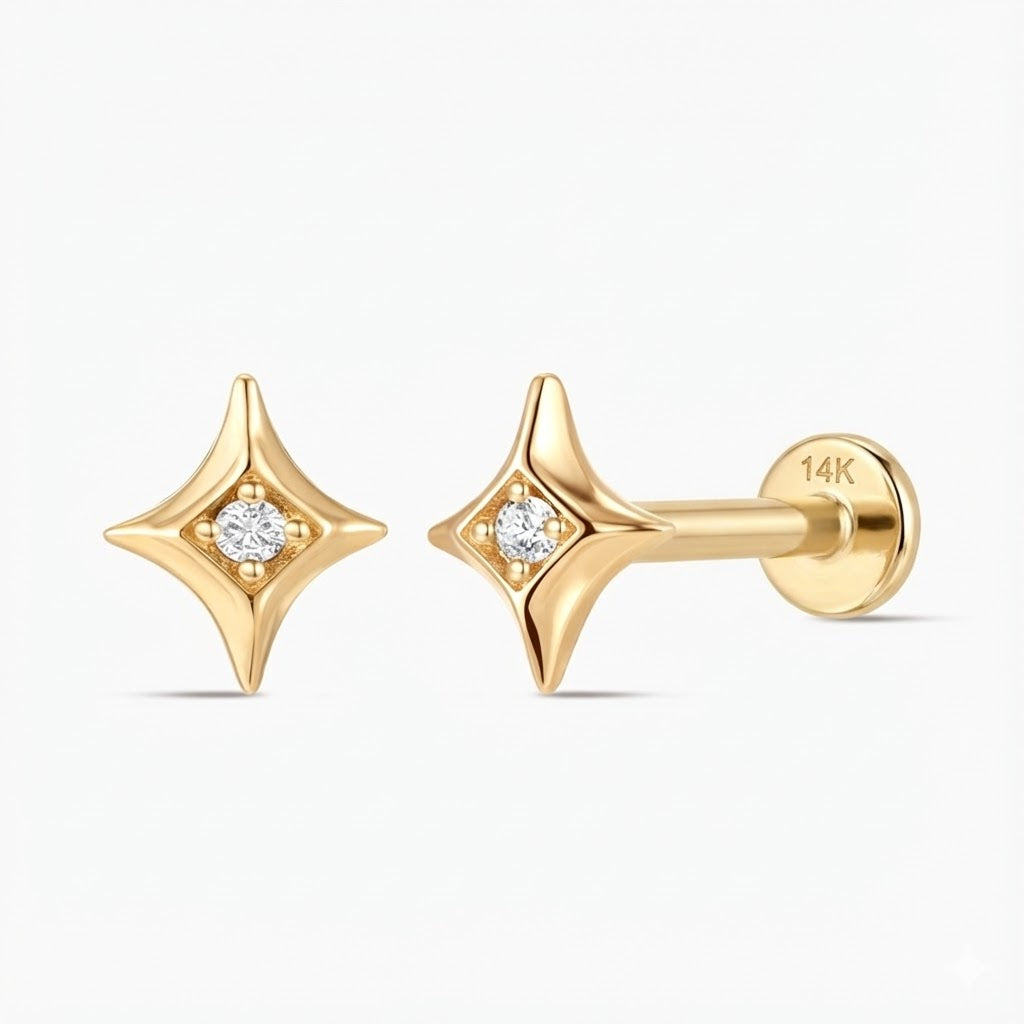 14K Solid Yellow Gold Star Flat Back Stud Piercing & Solid Gold Post
