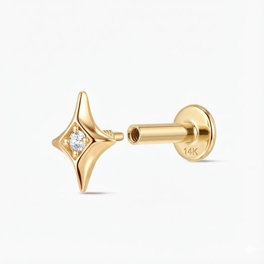 14K Solid Yellow Gold Star Flat Back Stud Piercing & Solid Gold Post