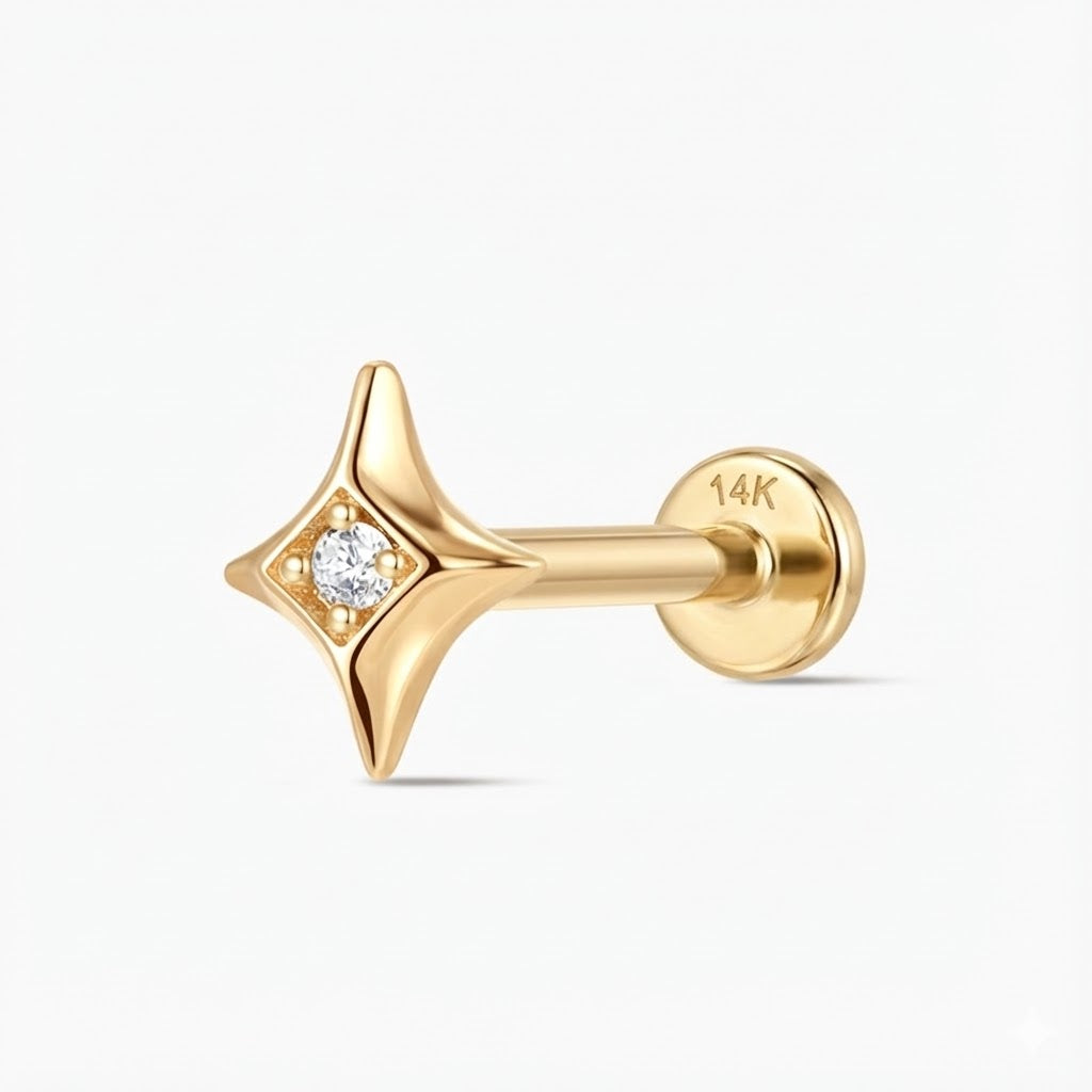 14K Solid Yellow Gold Star Flat Back Stud Piercing & Solid Gold Post