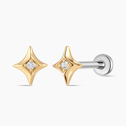 14K Solid Yellow Gold Star Flat Back Stud Piercing & Titanium Post