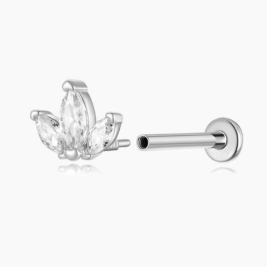 14K Solid White Gold Triple Marquise Stud Flat Back & Titanium Post