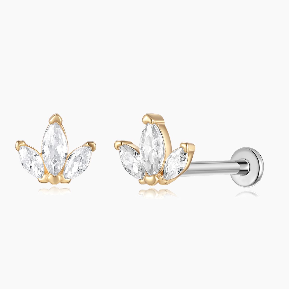 14K Solid Yellow Gold Triple Marquise Stud Flat Back & Titanium Post