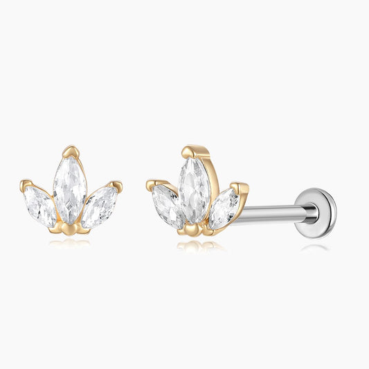 14K Solid Yellow Gold Triple Marquise Stud Flat Back & Titanium Post