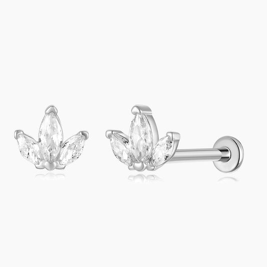 14K Solid White Gold Triple Marquise Stud Flat Back & Titanium Post