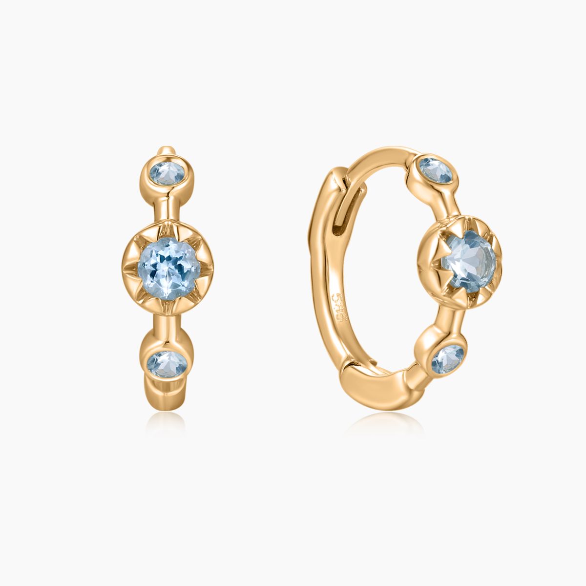 14K Solid Yellow Gold Aquamarine Star Cluster Clicker Hoop