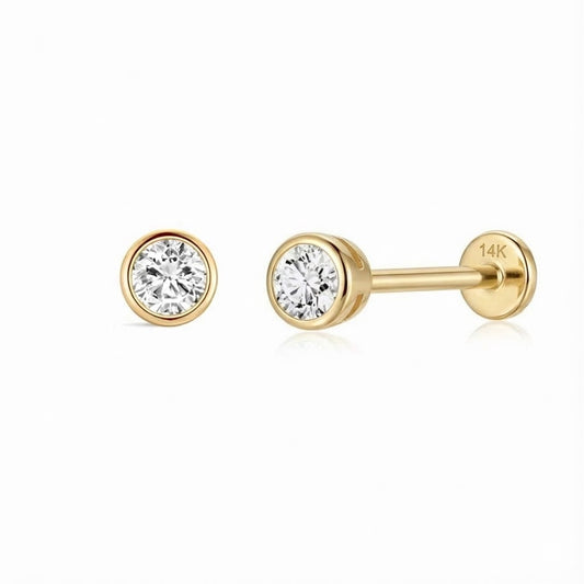 14K Solid Yellow Gold Bezel Stud Flatback Piercing & Solid Gold Post