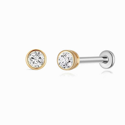 14K Solid Yellow Gold Bezel Stud Flatback Piercing & Titanium Post