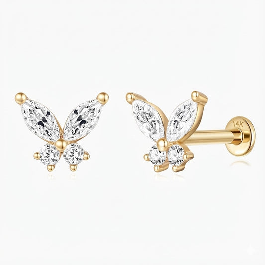 14K Solid Yellow Gold Butterfly Stud Flat Back Piercing & Solid Gold Post