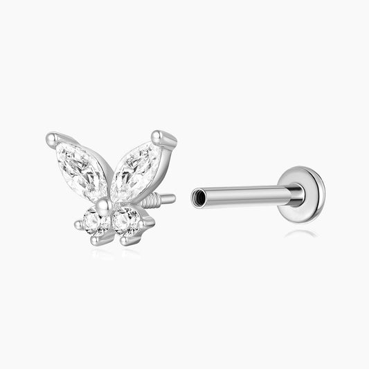 14K Solid White Gold Butterfly Stud Flat Back Piercing & Titanium Post
