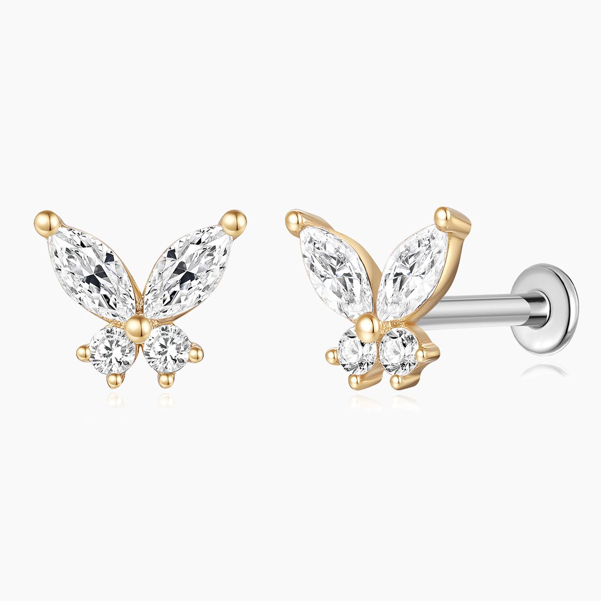 14K Solid Yellow Gold Butterfly Stud Flat Back Piercing & Titanium Post