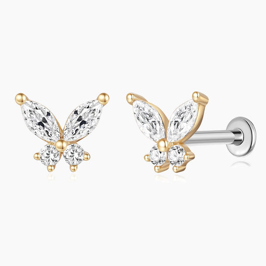 14K Solid Yellow Gold Butterfly Stud Flat Back Piercing & Titanium Post