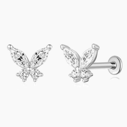 14K Solid White Gold Butterfly Stud Flat Back Piercing & Titanium Post