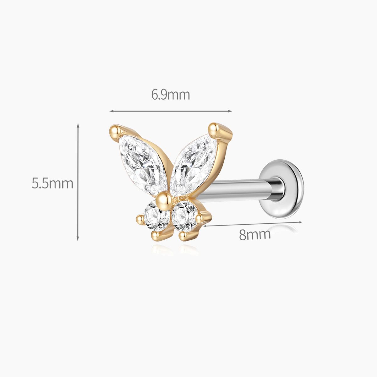 14K Solid Yellow Gold Butterfly Stud Flat Back Piercing & Titanium Post