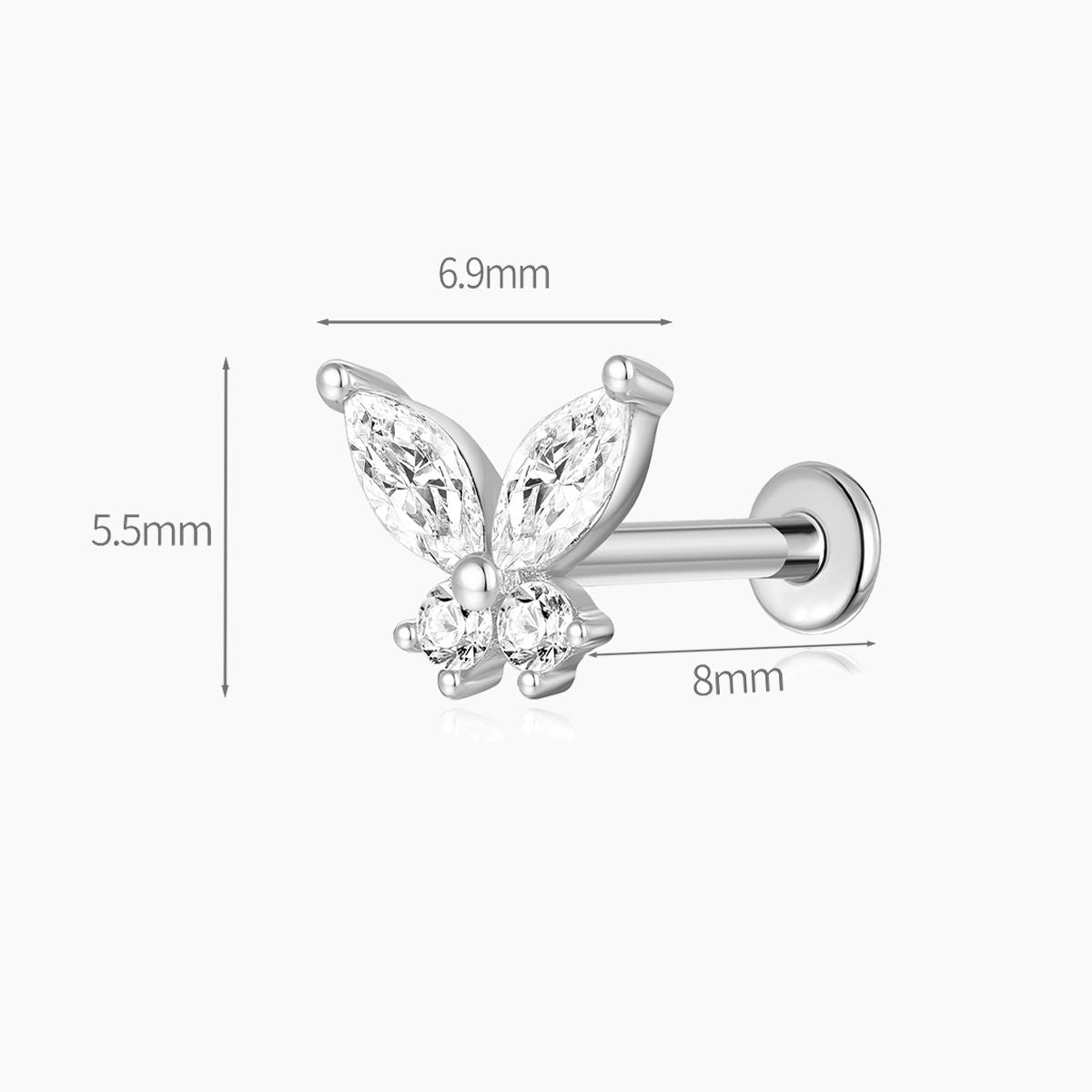 14K Solid White Gold Butterfly Stud Flat Back Piercing & Titanium Post