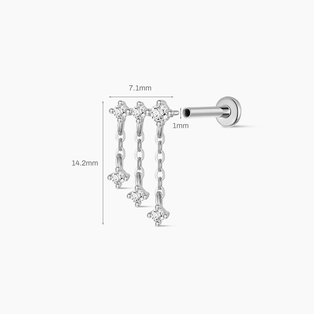 Pendientes de oro blanco macizo de 14 quilates con triple cadena y parte trasera plana y poste de titanio
