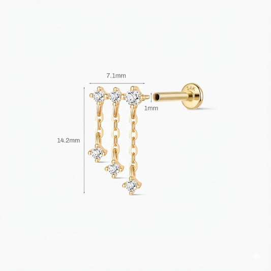 14K Solid Yellow Gold Triple Chain Drop Flat Back Stud & Solid Gold Post