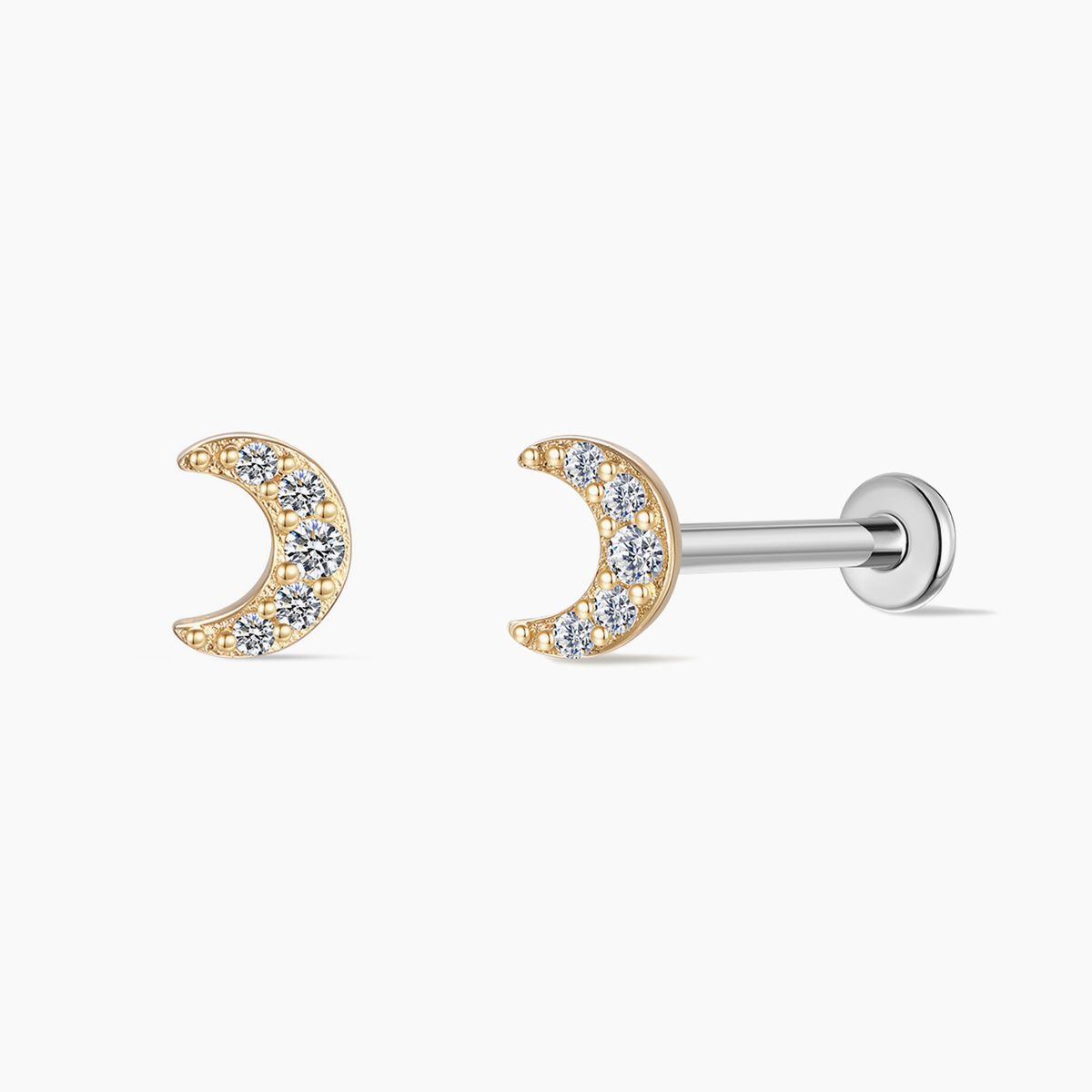 14K Solid Yellow Gold Crescent Moon Flat Back Stud & Titanium Post