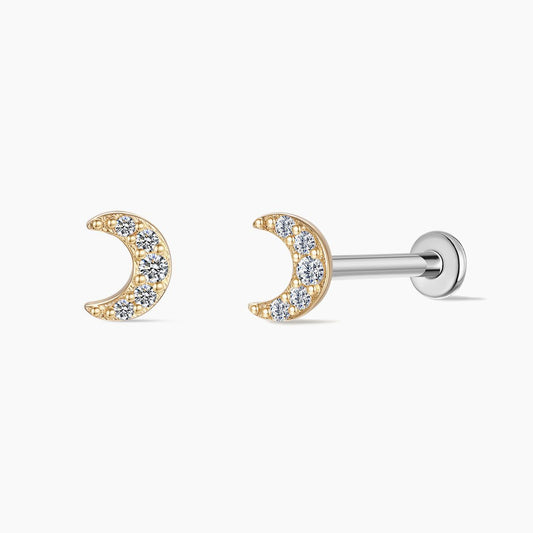 14K Solid Yellow Gold Crescent Moon Flat Back Stud & Titanium Post