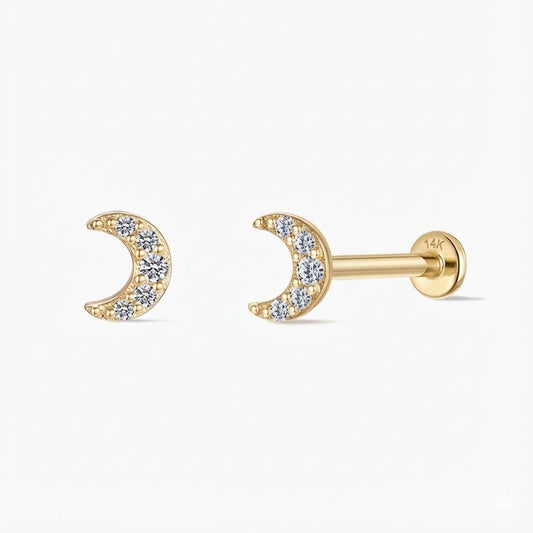 14K Solid Yellow Gold Crescent Moon Flat Back Stud & Solid Gold Post