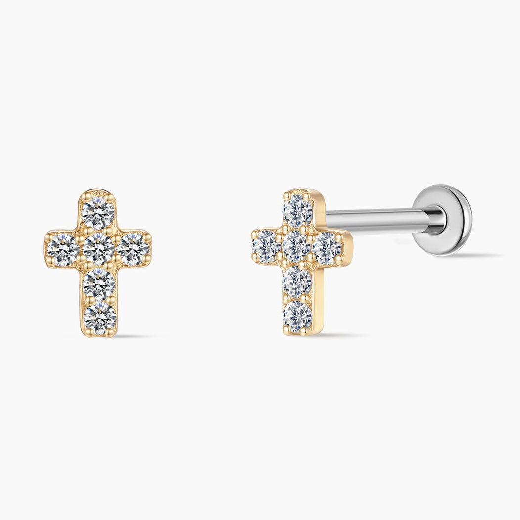 Aunyra- 14K Solid Yellow Gold Cross Flat-Back Stud & Titanium Post