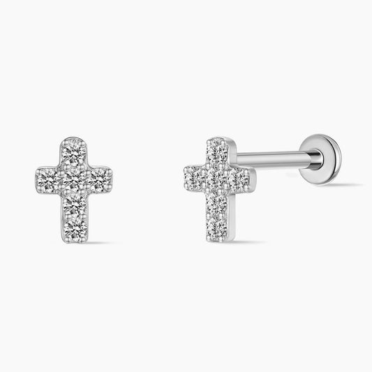 14K Solid White Gold Cross Flat-Back Stud & Titanium Post