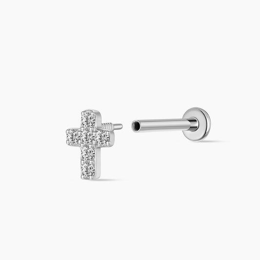 14K Solid White Gold Cross Flat-Back Stud & Titanium Post