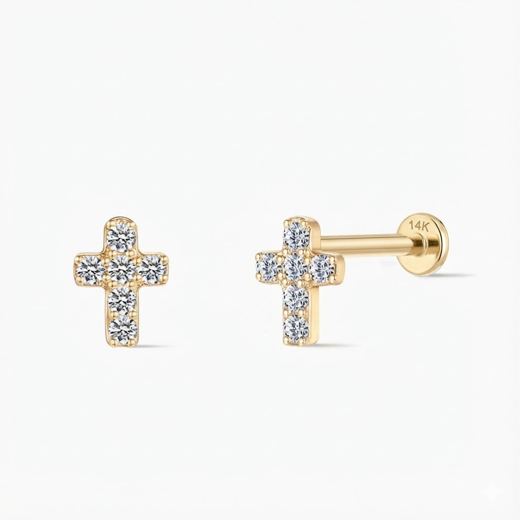 Aunyra- 14K Solid Yellow Gold Cross Flat-Back Stud & Solid Gold Post