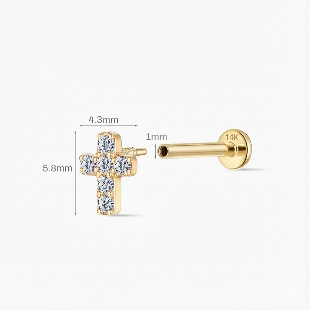 Aunyra- 14K Solid Yellow Gold Cross Flat-Back Stud & Solid Gold Post