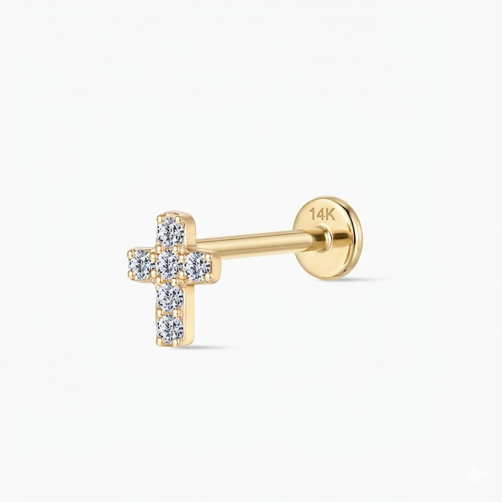 Aunyra- 14K Solid Yellow Gold Cross Flat-Back Stud & Solid Gold Post