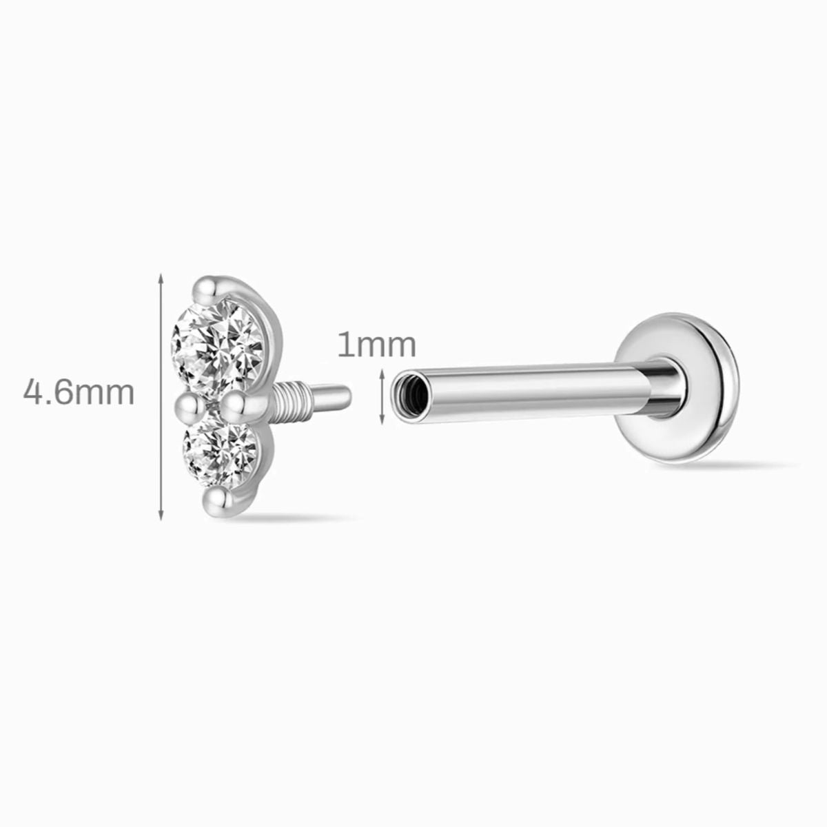 14K Solid White Gold Vertical Double Gem Flat Back Stud & Titanium Post