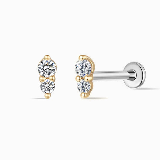 14K Solid Yellow Gold Vertical Double Gem Flat Back Stud & Titanium Post