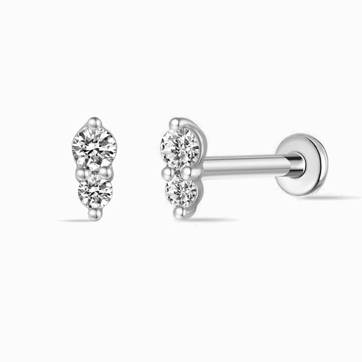 14K Solid White Gold Vertical Double Gem Flat Back Stud & Titanium Post