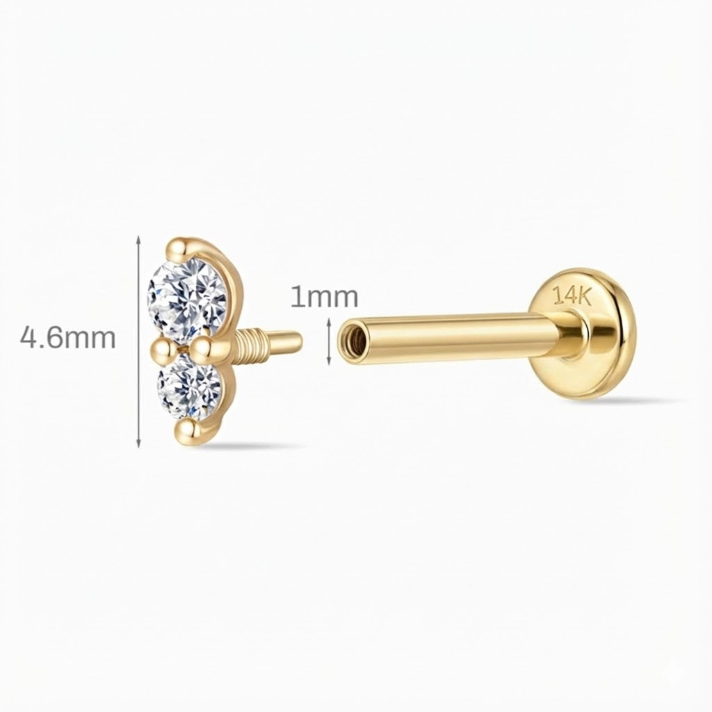 14K Solid Yellow Gold Vertical Double Gem Flat Back Stud & & Solid Gold Post