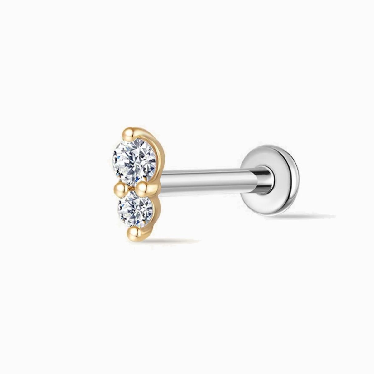 14K Solid Yellow Gold Vertical Double Gem Flat Back Stud & Titanium Post