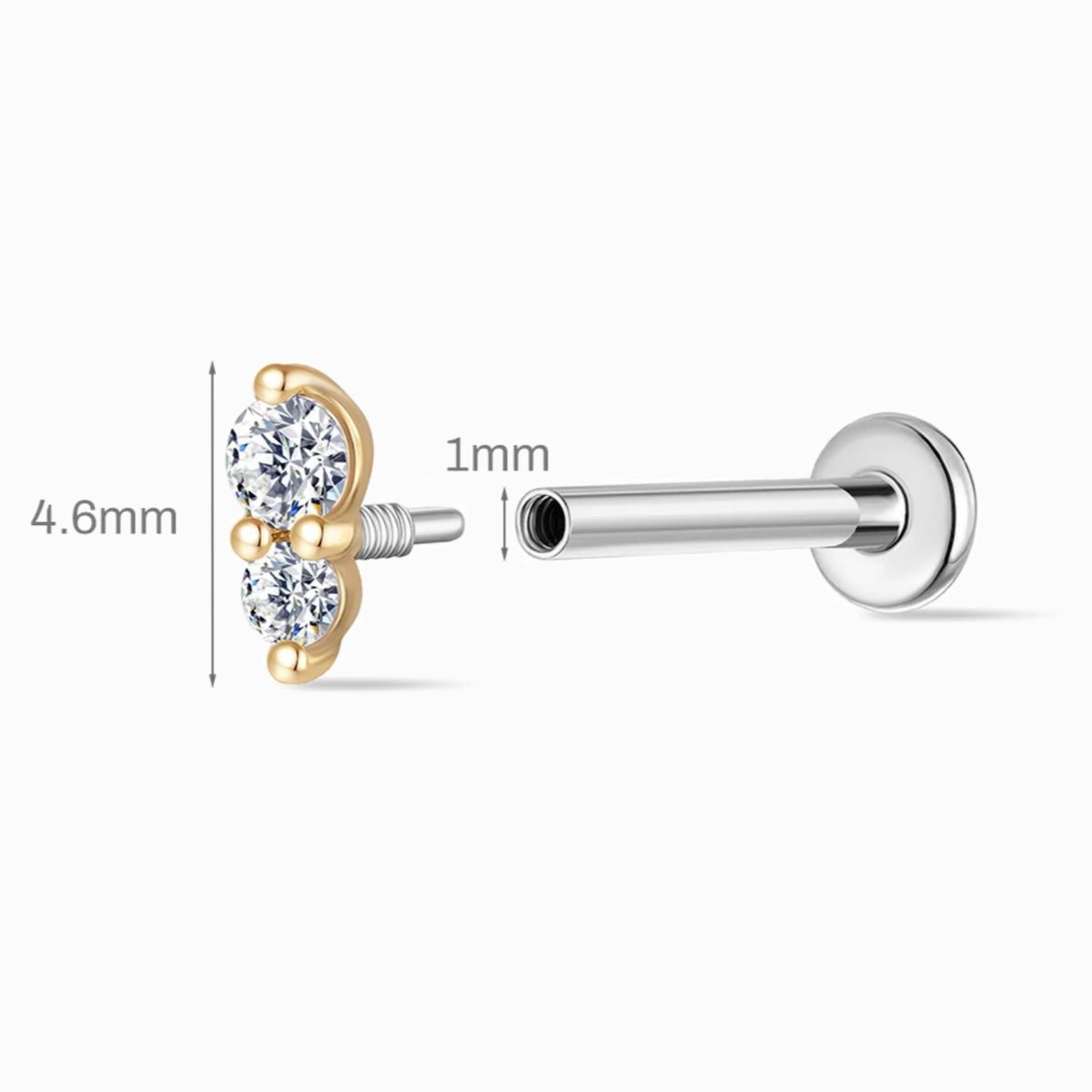 14K Solid Yellow Gold Vertical Double Gem Flat Back Stud & Titanium Post