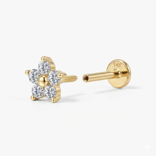 14K Solid Yellow Gold Five-Petal Floral Flat Back Stud & Solid Gold Post