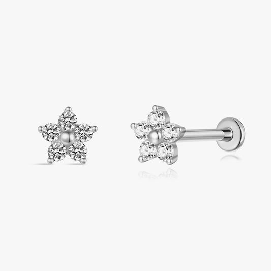 14K Solid White Gold Five-Petal Floral Flat Back Stud & Titanium Post