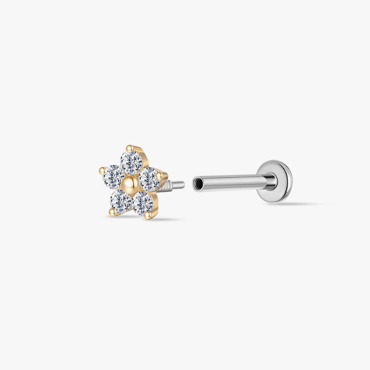 Arete de oro amarillo macizo de 14 quilates con diseño floral de cinco pétalos y parte trasera plana y poste de titanio