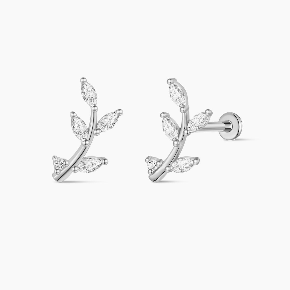 14K Solid White Gold Leaf Branch Flat Back Stud & Titanium Post