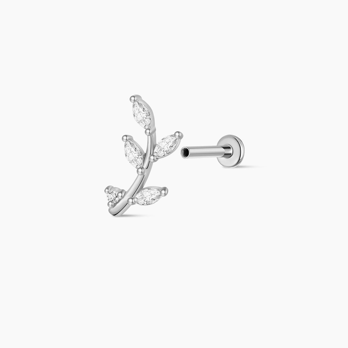 14K Solid White Gold Leaf Branch Flat Back Stud & Titanium Post