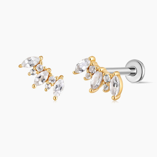 14K Solid Yellow Gold Marquise Cluster Flat Back Stud & Titanium Post
