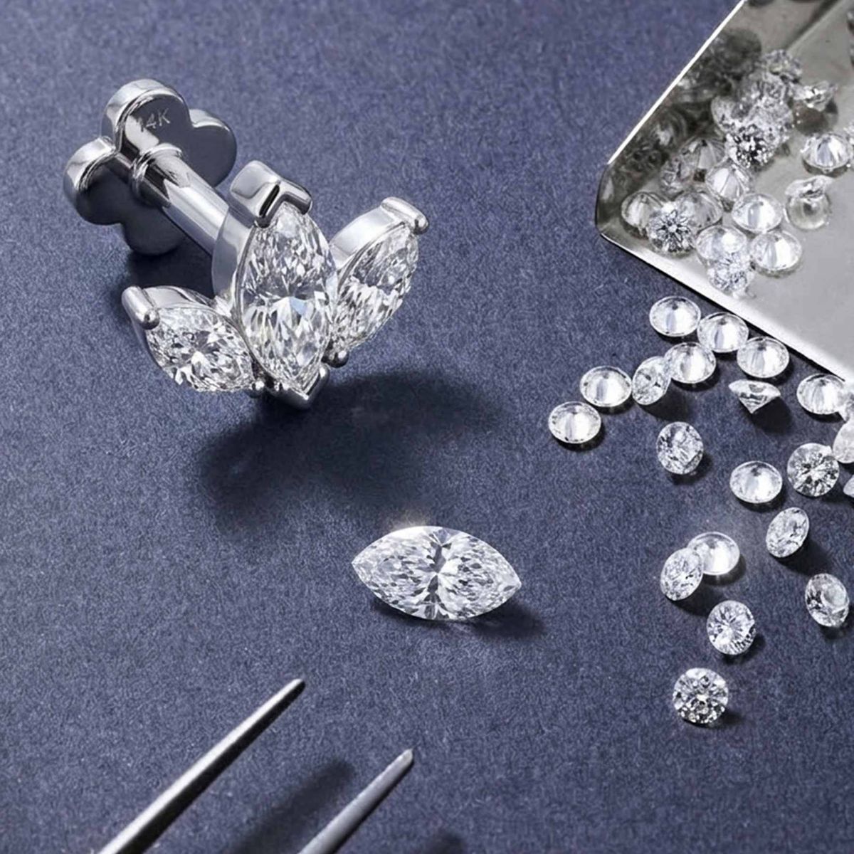 AERÉ™ 14K White Gold Marquise Cluster Flat Back Stud & Solid Gold Post - Photo 3 | AUNYRA