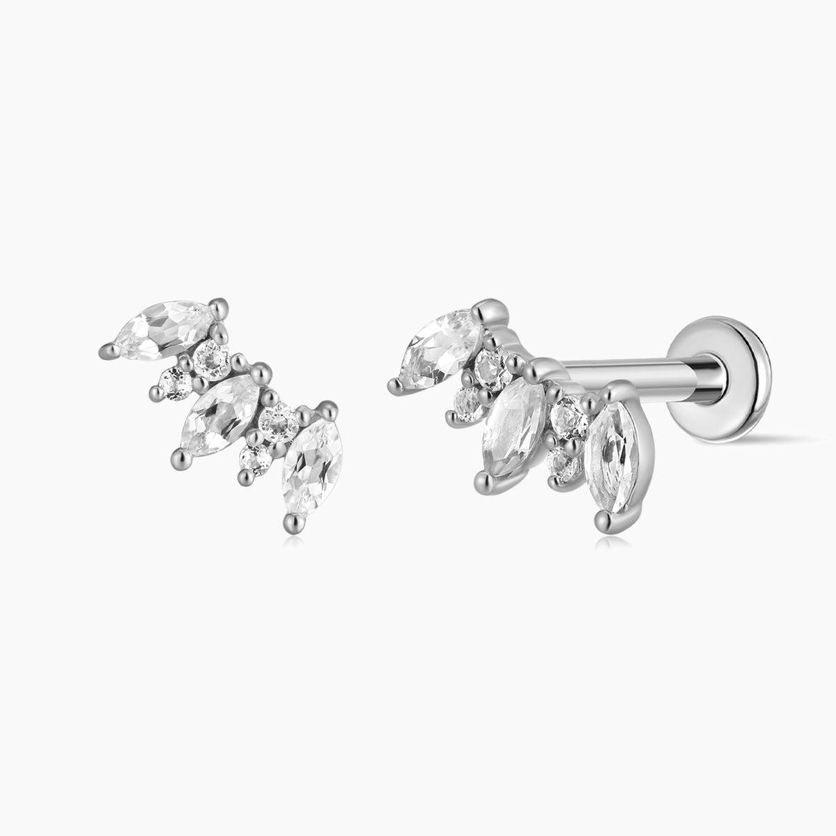 14K Solid White Gold Marquise Cluster Flat Back Stud & Titanium Post