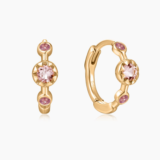 14K Solid Yellow Gold Pink Tourmaline Star Cluster Clicker Hoop