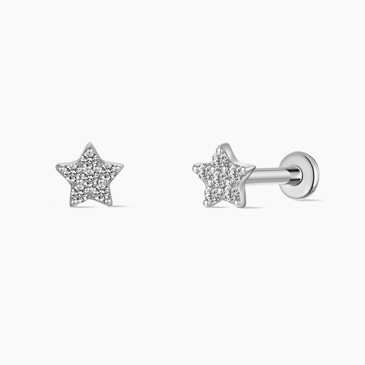 14K Solid White Gold Star Flat Back Stud & Titanium Post