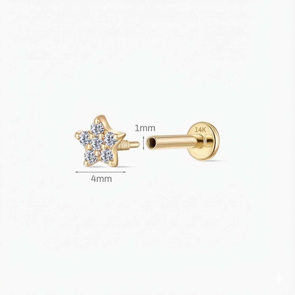 14K Solid Yellow Gold Star Flat Back Stud & Solid Gold Post