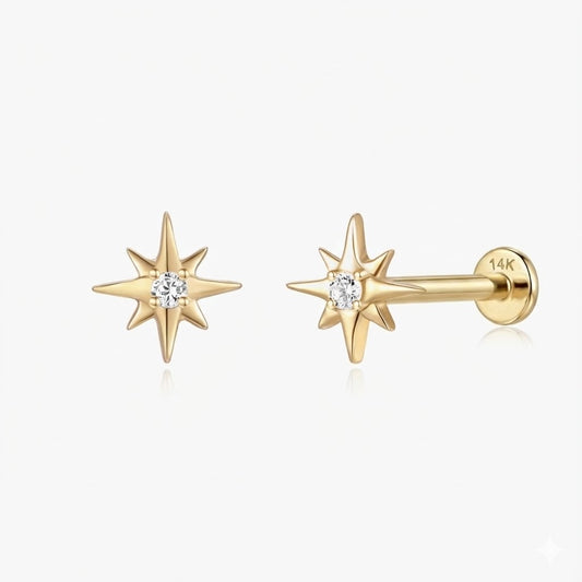 14K Solid Yellow Gold Starburst Gem Flat Back Stud & Solid Gold Post