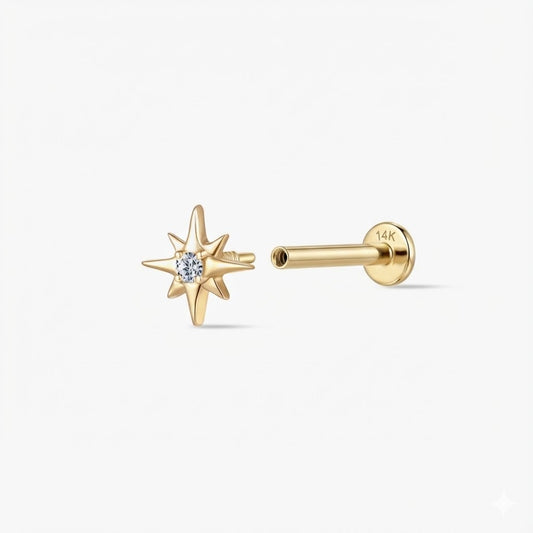 14K Solid Yellow Gold Starburst Gem Flat Back Stud & Solid Gold Post