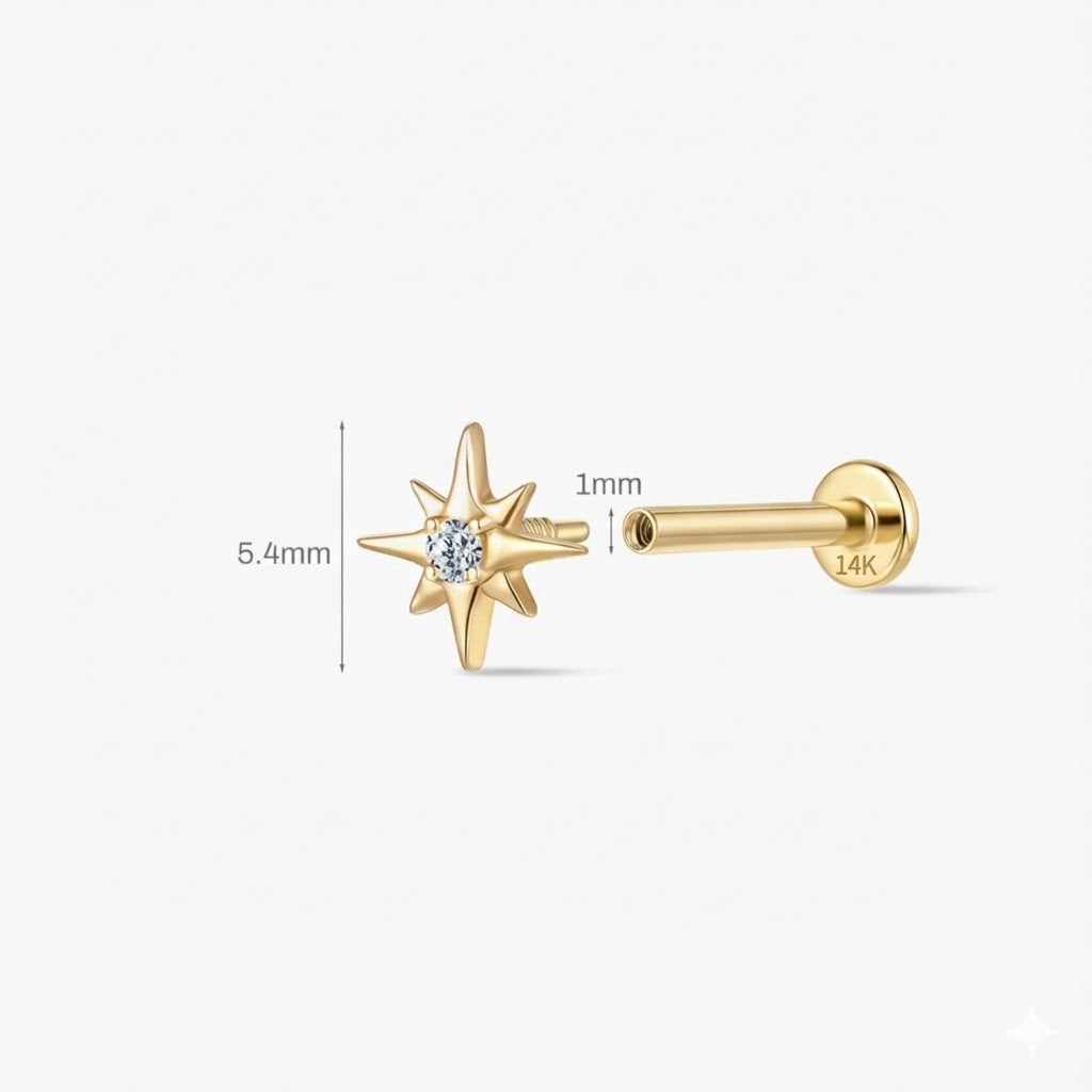 14K Solid Yellow Gold Starburst Gem Flat Back Stud & Solid Gold Post