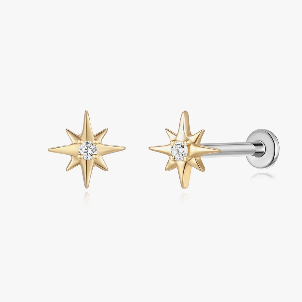 14K Solid Yellow Gold Starburst Gem Flat Back Stud & Titanium Post